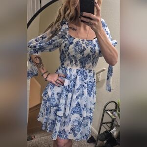 Floral Blue and White Smocked Dress